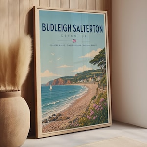 Budleigh Salterton Devon-tryck, kustväggkonst, retro brittisk reseaffisch, strand