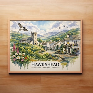 Hawkshead Wall Art Print | Vintage Lake District Travel Poster | Historic English Village Illustration | UK Home Decor | Digital Download