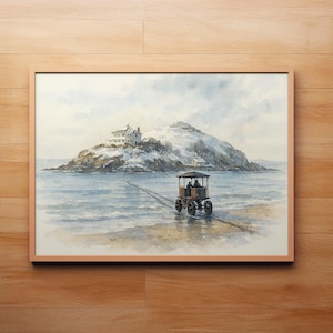 Konsttryck med kustmotiv från Devon | Vinteraffisch på Burgh Island | Snöig sjötraktor | Akvarelllandskap | Juldekorationer på stranden