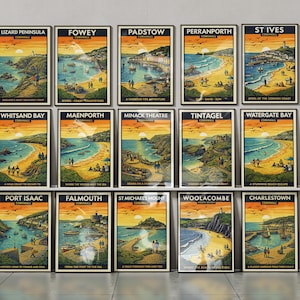 May include: A collection of framed travel posters featuring scenic views of Cornwall, England. Each poster displays a different location, including Lizard Peninsula, Fowey, and Padstow, with vibrant sunset colors and vintage design.