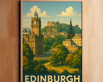 Grafika z Edynburga | Plakat podróżniczy Vintage Scotland | Sztuka ścienna w stylu retro | Ilustracja zamku w Edynburgu