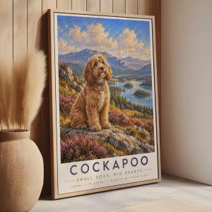 Cockapoo-affisch, hundväggkonst i Lake District, oljemålningsstil, Cockapoo-presenttryck