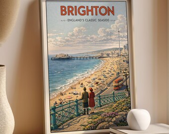 Brighton Wall Art Print  | Vintage British Seaside Illustration  | Brighton Pier & Promenade Artwork  | England Travel Poster Decor