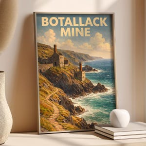 Botallack Mine Cornwall Wall Art Print  | Vintage Coastal Mining Illustration  | Cornish Cliffside Engine Houses  | Digital Download