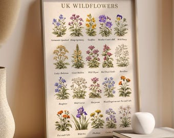 UK Wildblumen Botanischer Druck | Vintage Britische Wildblumen Illustration Poster | Cottagecore Blumenwandkunst | Natur Garten Kunstdruck