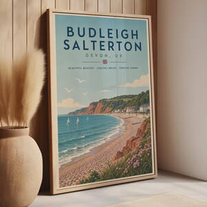 Budleigh Salterton Devon-affisch, brittisk kustväggkonst, retro strandtryck, present till Devon