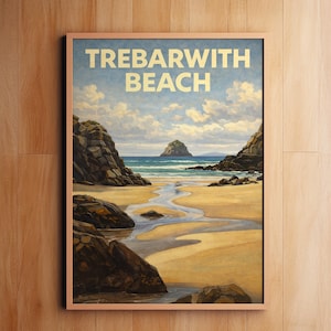 Trebarwith Beach Cornwall Wall Art Print  | Vintage Coastal Landscape Illustration  | Cornish Seaside Rocks & Sand  | Digital Download