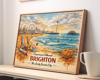 Brighton Wall Art Print  | Vintage British Seaside Travel Poster  | Brighton Pier & Beach Illustration  | UK Home Decor  | Digital Download
