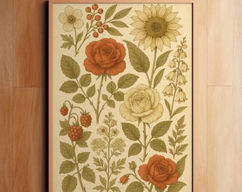 Vintage Botanical Flower Print, Cottagecore Wall Art, Sunflower Poster, Floral Illustration, Botanical Wall Decor, Digital Download