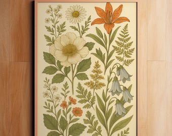 Lente poster botanische bloem, Wildflower Wall Art Print, Cottagecore bloemen decor, vintage botanische poster, esthetische bloemenkunst