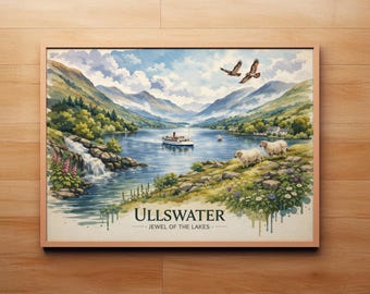 Ullswater kunst aan de muur | Vintage reisposter Lake District | Engelse illustratie bergmeerlandschap | Britse woondecoratie