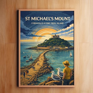 May include: A framed print of St Michael's Mount in Cornwall, England. The artwork depicts a causeway leading to a castle on a small island, with text that reads "St Michael's Mount, Cornwall's Iconic Tidal Island". The scene includes boats, seagulls, and a person.