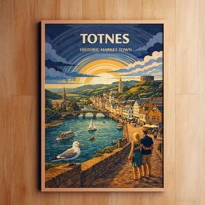 Póster de viaje vintage de Totnes / Arte mural de la histórica ciudad de mercado de Devon / Impresión del río Dart / Ilustración de una ciudad británica / Descarga digital