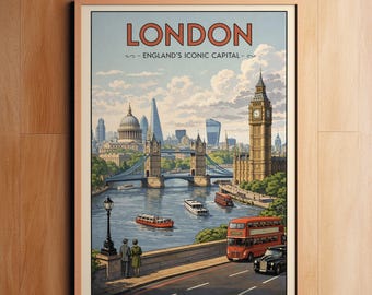 London Wall Art Print | Vintage reisposter Engeland | Iconische stadsgezichtillustratie | Brits woondecoratie | Digitale download