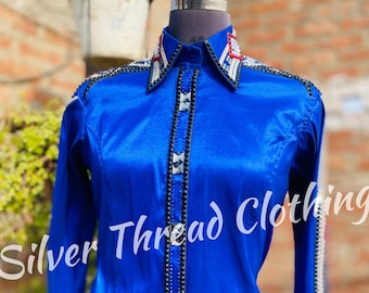 WESTERN ROYAL BLUE taffeta Shirt full sleeve embellished horse riding showmanship pleasure outfit