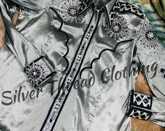 WESTERN GREY TAFFETA Shirt pleasure full sleeve embellished horse riding showmanship outfit