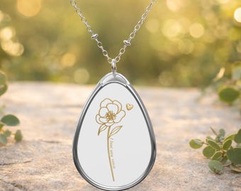 Collar "Te amo mamá", colgante de flor con línea dorada, collar ovalado en forma de lágrima, joyería minimalista y delicada, regalo para el Día de la Madre, collar conmemorativo.