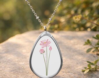 Collar "Te amo mamá", colgante ovalado floral rosa, collar con forma de lágrima, joyería delicada y minimalista, regalo para madres, collar conmemorativo.