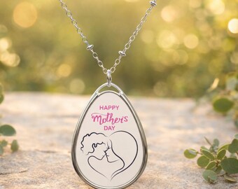 Collar del Día de la Madre, colgante con silueta de mamá, collar ovalado en forma de lágrima, regalo para mamá, joyería para madre e hijo, colgante minimalista de plata.