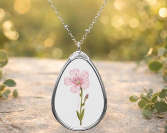 Collar "Te amo mamá", colgante ovalado de flor silvestre rosa, collar floral en forma de lágrima, joyería delicada y minimalista, regalo para el Día de la Madre, collar conmemorativo.
