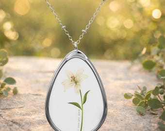 Collar "Te amo mamá", colgante ovalado de lirio blanco, joyería floral en forma de lágrima, collar minimalista y delicado, regalo para el Día de la Madre, joyería conmemorativa