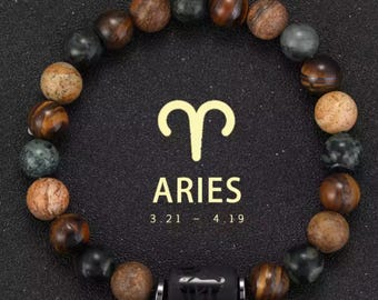 Mens Zodiac Bracelet Natural Stone Beaded Bracelet, Horoscope Jewelry, Astrology Gift, Star Sign Bracelet for Men, Boyfriend, Gift for Dady