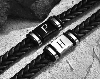 Personalized Initial Leather Bracelet for Men, Stainless Steel Letter Bracelet, A-Z Boyfriend Gift Couple Bracelet Husband Gift for Dady Him