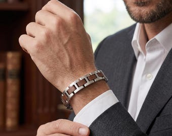 Men’s Link Bracelet, Stainless Steel & Natural Wood Bracelet 22cm Geometric Chain Bracelet, Vintage Style Wrist Jewelry Gift for Daddy, Him