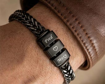 Custom Mens Bracelet for Dad with Kids Names Personalized Family Name Bracelet Engraved Beaded Bracelet Gift for Daddy Father’s Gift Jewelry