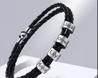Personalized Mens Leather Bracelet, Name Bracelet For Dad With Kids Names Family Bracelet, Daddy Bracelet Fathers Day, Gift for Dady Him Her
