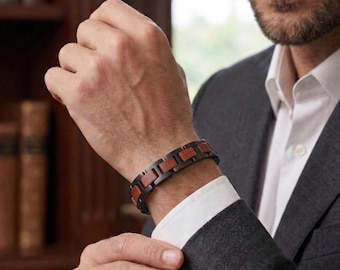 Men’s Black Stainless Steel Red Wood Bracelet, 22cm Chain Link Bracelet, Masculine Minimalist Wrist Jewelry Gift for Daddy Boyfriend Husband