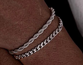Mens Cuban Link Bracelet Set Stainless Steel Rope Chain Bracelet Silver Minimalist Jewelry Layered Bracelets for Men Gift for Daddy 2pcs Set