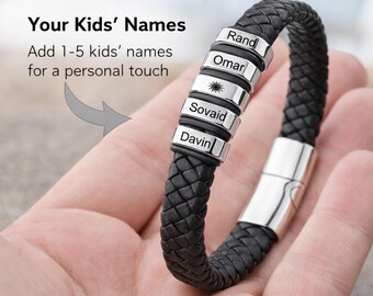 Personalized Mens Leather Bracelet, Engraved Name Bracelet For Dad, Kids Name Family Bracelet, Husband Gift Boyfriend Gift For Dady Him Her