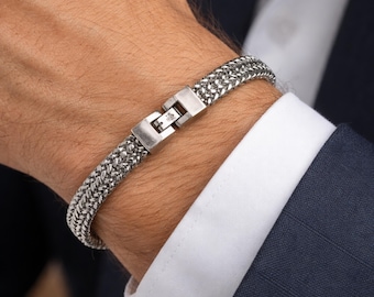 Mens Stainless Steel Foxtail Bracelet, Bali Chain Bracelet, Franco Link Style Minimalist Silver Wrist Jewelry Gift for Him, Daddy, Boyfriend