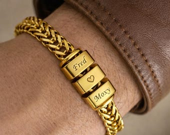 Personalized Men’s Bracelet with Name&Heart, Custom Stainless Steel Gold Family Name Bead Bracelet Gift for Daddy, Husband, Boyfriend or Him