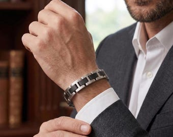 Men’s Link Stainless Steel Dark Wood Bracelet 22cm Black Wood Chain Bracelet Minimalist Masculine Wrist Jewelry Gift for Daddy Boyfriend Him