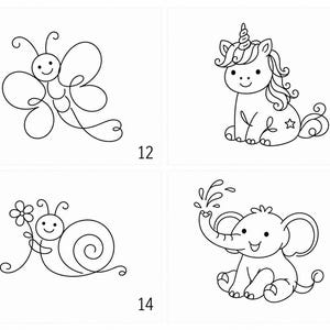 May include: A set of four black and white line art illustrations featuring a butterfly labeled 12, a unicorn labeled 13, a snail holding a flower labeled 14, and an elephant spraying water labeled 15, all presented on a plain white background.