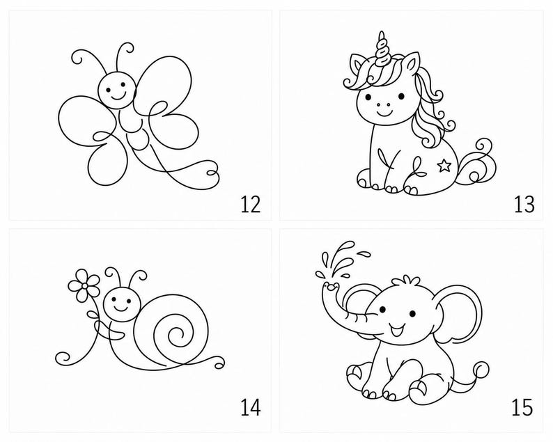 May include: A set of four black and white line art illustrations featuring a butterfly labeled 12, a unicorn labeled 13, a snail holding a flower labeled 14, and an elephant spraying water labeled 15, all presented on a plain white background.