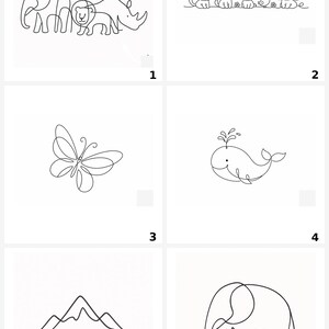 May include: A collection of six black and white line art illustrations featuring animals and nature. The designs include a group of safari animals, a row of small pets, a butterfly, a whale, a mountain range, and a single elephant, all numbered 1-6.