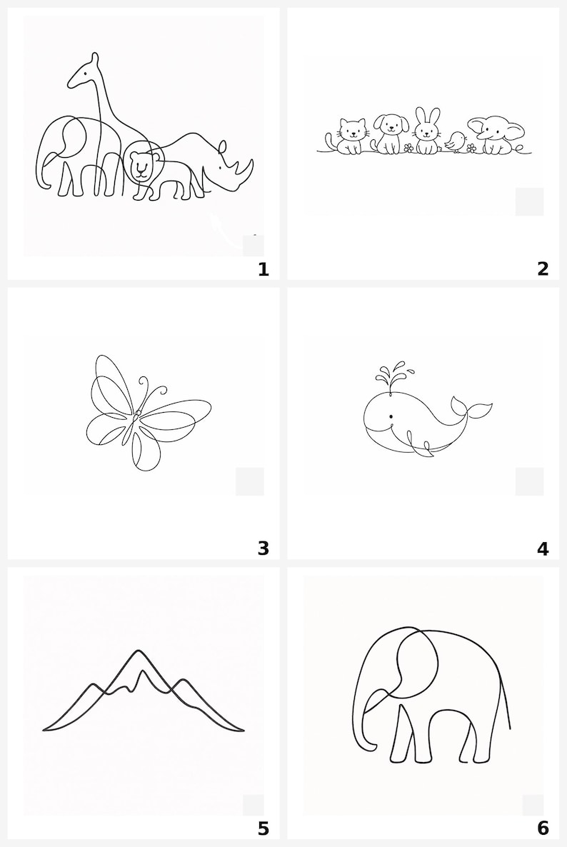 May include: A collection of six black and white line art illustrations featuring animals and nature. The designs include a group of safari animals, a row of small pets, a butterfly, a whale, a mountain range, and a single elephant, all numbered 1-6.