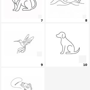 May include: A collection of five black line art illustrations on white backgrounds, featuring a lion, a mountain landscape with a sun and tree, a hummingbird, a dog, and a fish jumping for a lure, labeled with the numbers 7, 8, 9, 10, and 11.