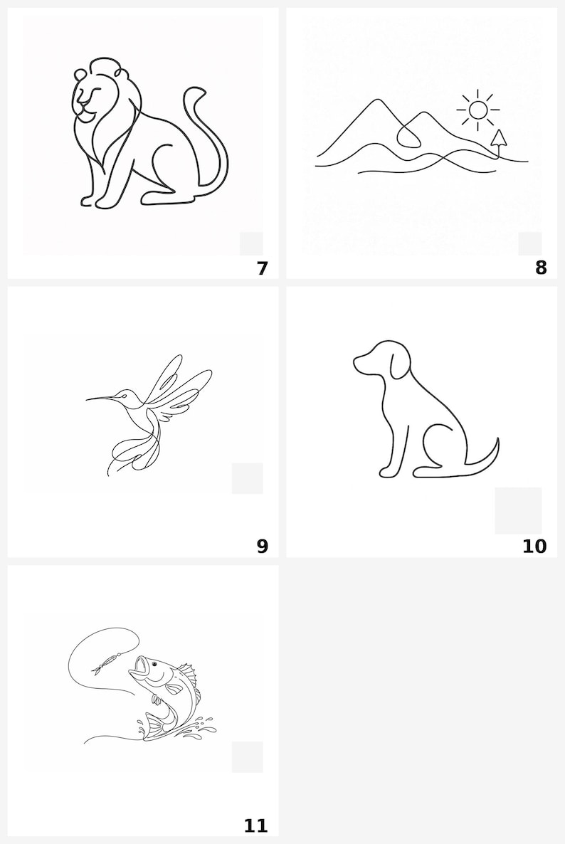 May include: A collection of five black line art illustrations on white backgrounds, featuring a lion, a mountain landscape with a sun and tree, a hummingbird, a dog, and a fish jumping for a lure, labeled with the numbers 7, 8, 9, 10, and 11.