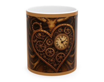 Taza de cerámica con forma de corazón Steampunk / Diseño de engranajes único