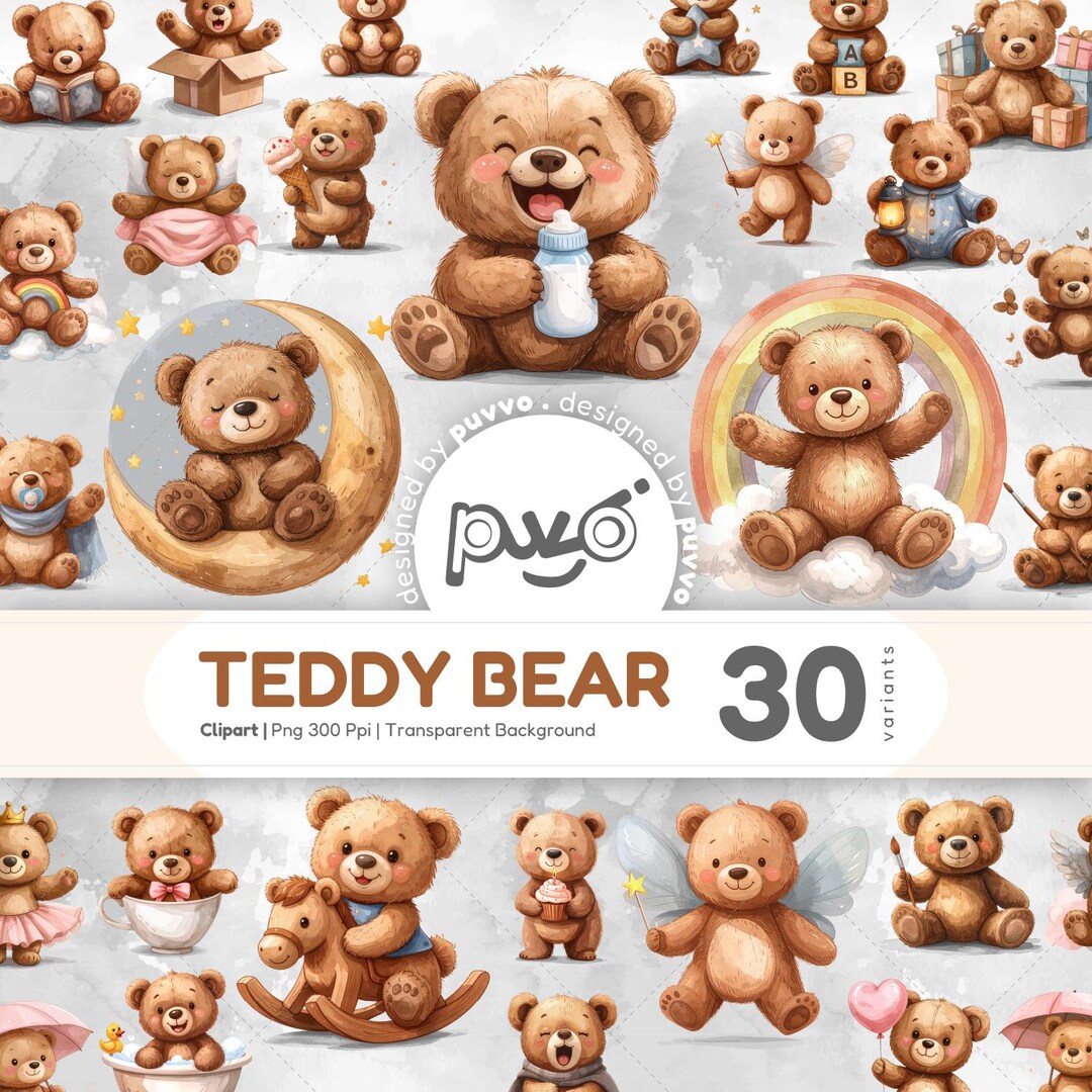 Baby Teddy Bear Clipart Set | 30 PNG Images | 300 PPI Transparent ...