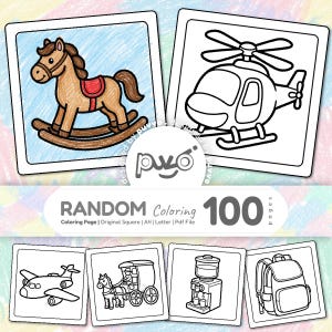May include: A collection of coloring pages featuring various objects, including a rocking horse, helicopter, airplane, horse-drawn carriage, water cooler, and backpack. The text "RANDOM Coloring 100 pages" is displayed.