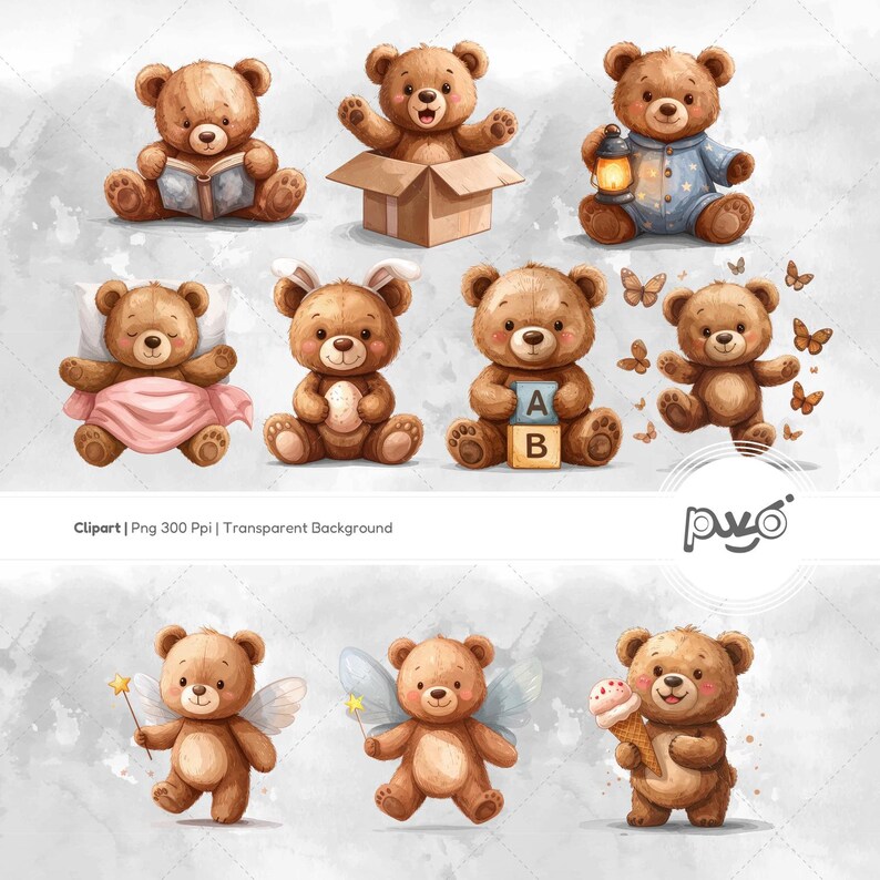 Baby Teddy Bear Clipart Set | 30 PNG Images | 300 PPI Transparent ...