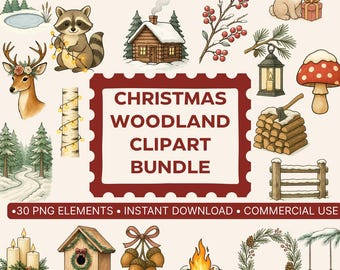 Woodland Christmas Clipart | Winter Animals, Foliage 30 PNG (Digital Download)
