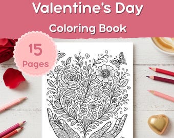 Libro para colorear de San Valentín / 15 páginas románticas botánicas zentangle para adultos / Descarga digital en PDF