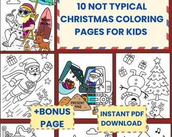 Funny Christmas Coloring Pages for Kids: Superhero Santa, Excavator (10 Printable PDF) instant download