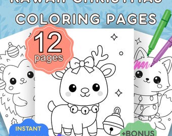 Kawaii Christmas Coloring Pages | 12 Kids Holiday Printables (PDF) | Digital download